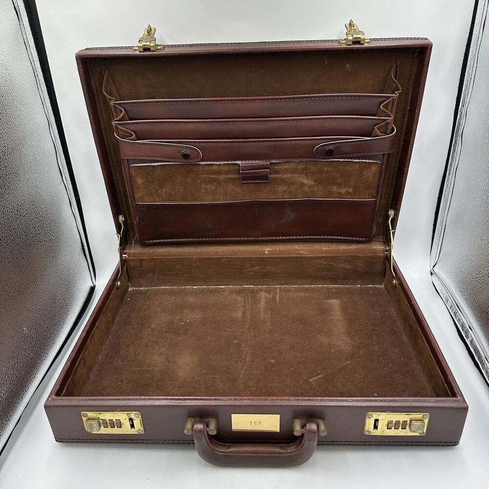 Vintage Brown Hard Sided Attache Briefcase Combination Lock Accordion File Case